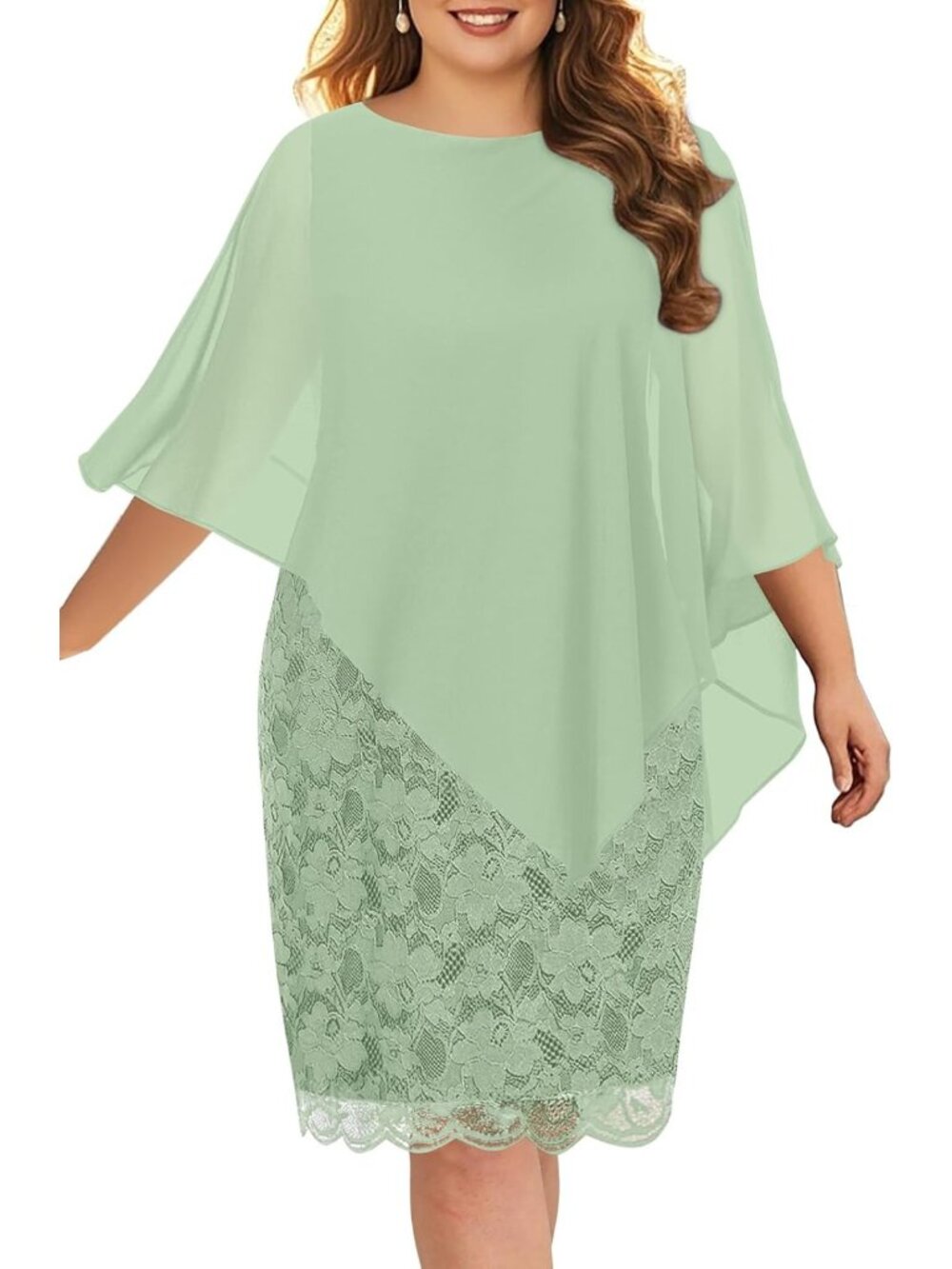 Elegant Plus Size Wedding Guest Dress - Semi-Formal Lace Cape Design